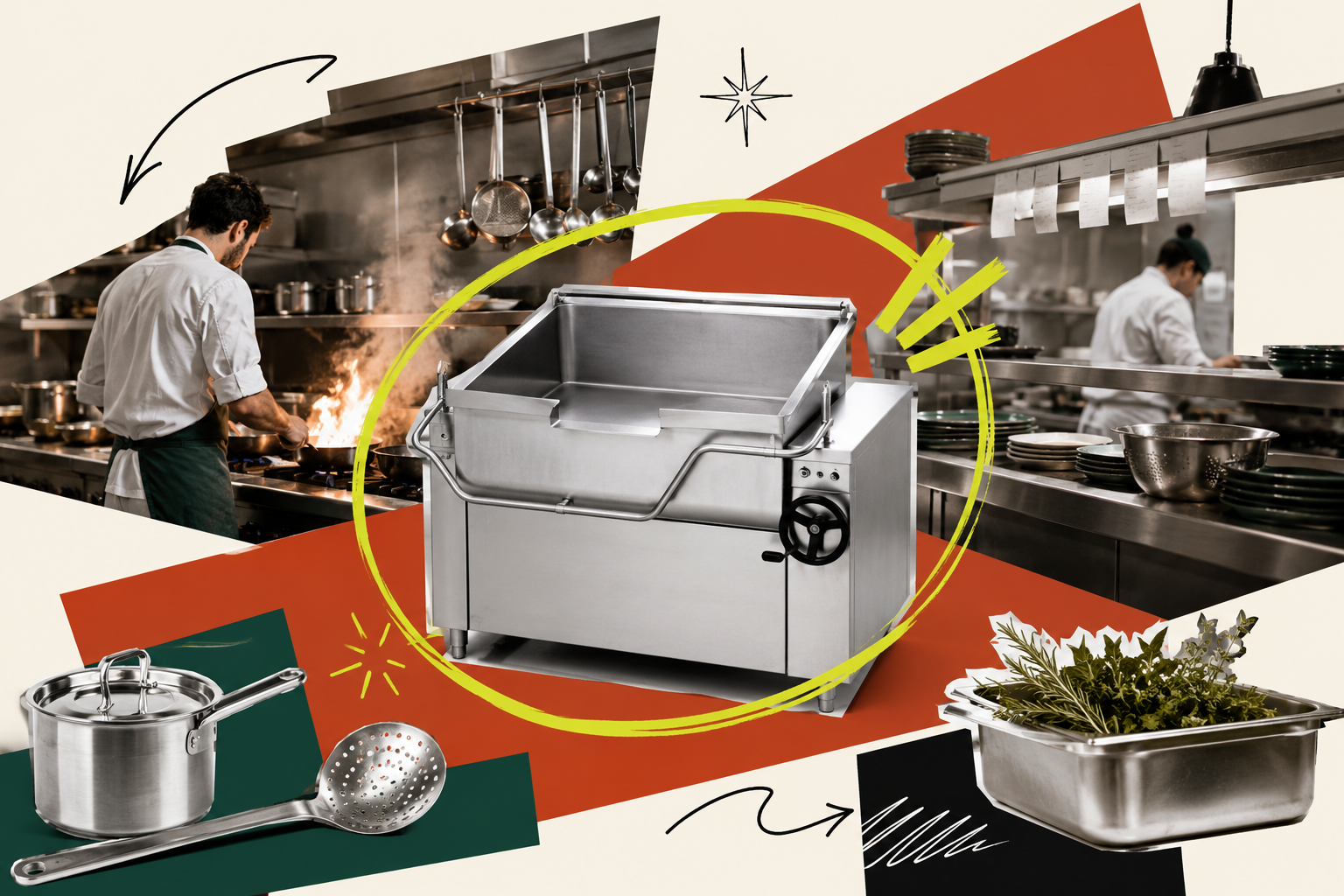 Collage : une sauteuse professionnelle entourée d'équipements de cuisine, cerclée d'un trait citron.