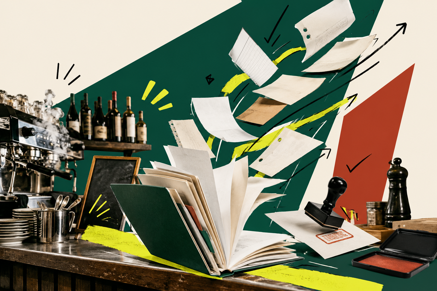 Collage : un classeur s'ouvre sur un comptoir de bistrot, les papiers administratifs s'envolent, tampon et encre prêts.