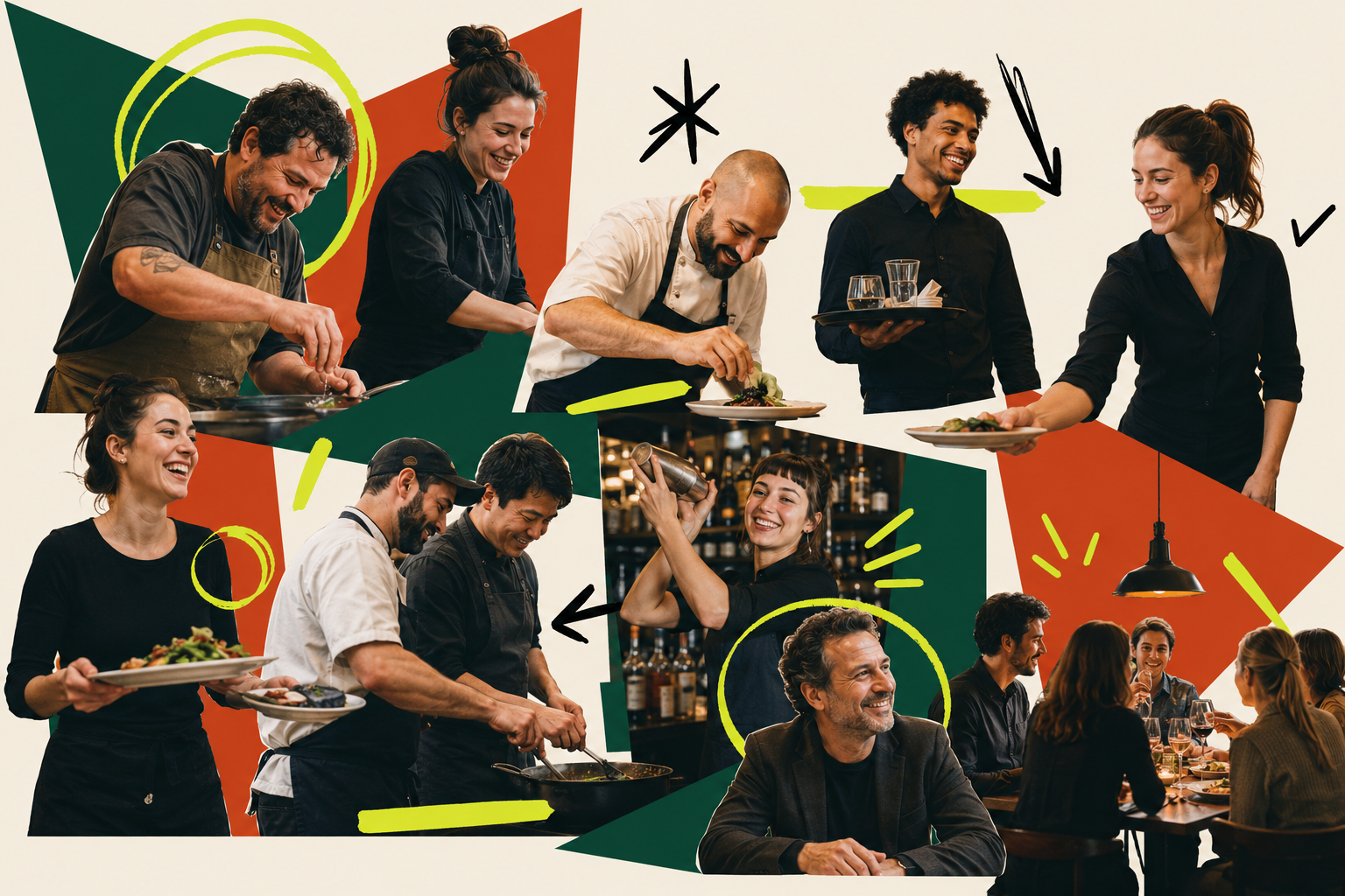 Collage : brigade en cuisine et équipe en salle