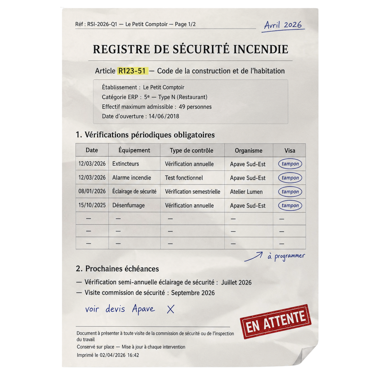 Registre de sécurité incendie